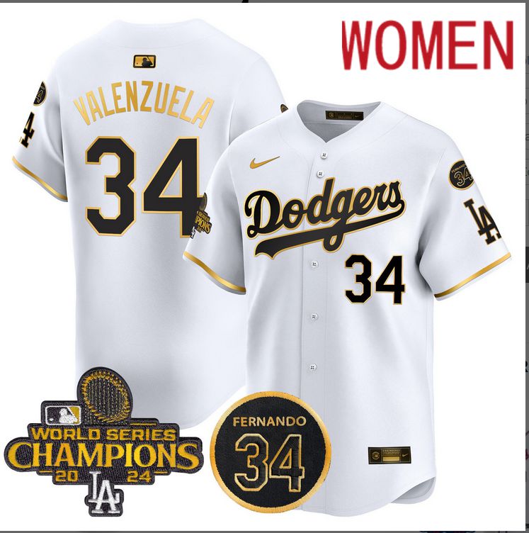 Women MLB Los Angeles Dodgers 34 Valenzuela white 2024 World Series Champions Patch Limited Jersey style 3